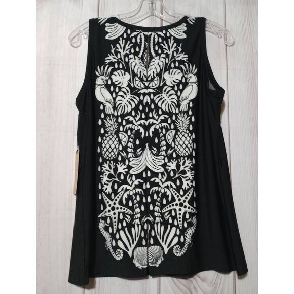 Halogen Shirt Ladies Medium Black White Sleeveless Tropical - Picture 2 of 9